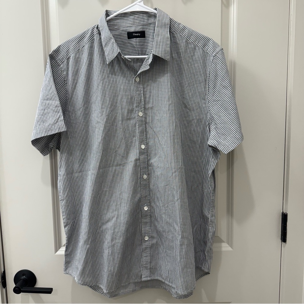 Theory Men's XL Gray Gingham Check Short Sleeve Button Front Shirt Cotton Work
